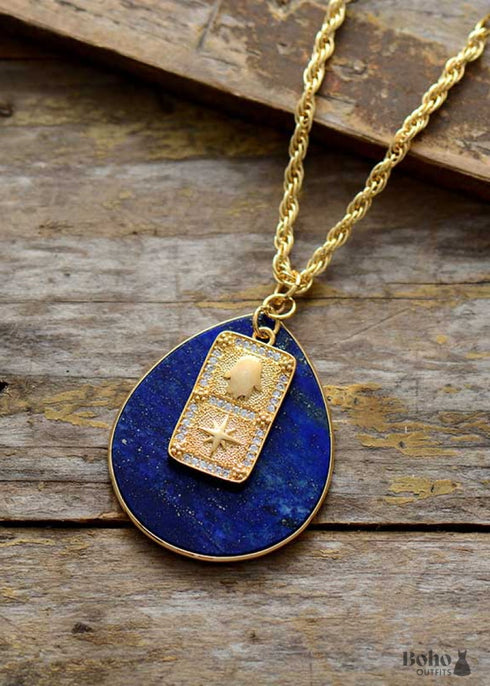 Boho Necklace, Teardrop Lapis Luzuli Gold Chain Onyx Pendant